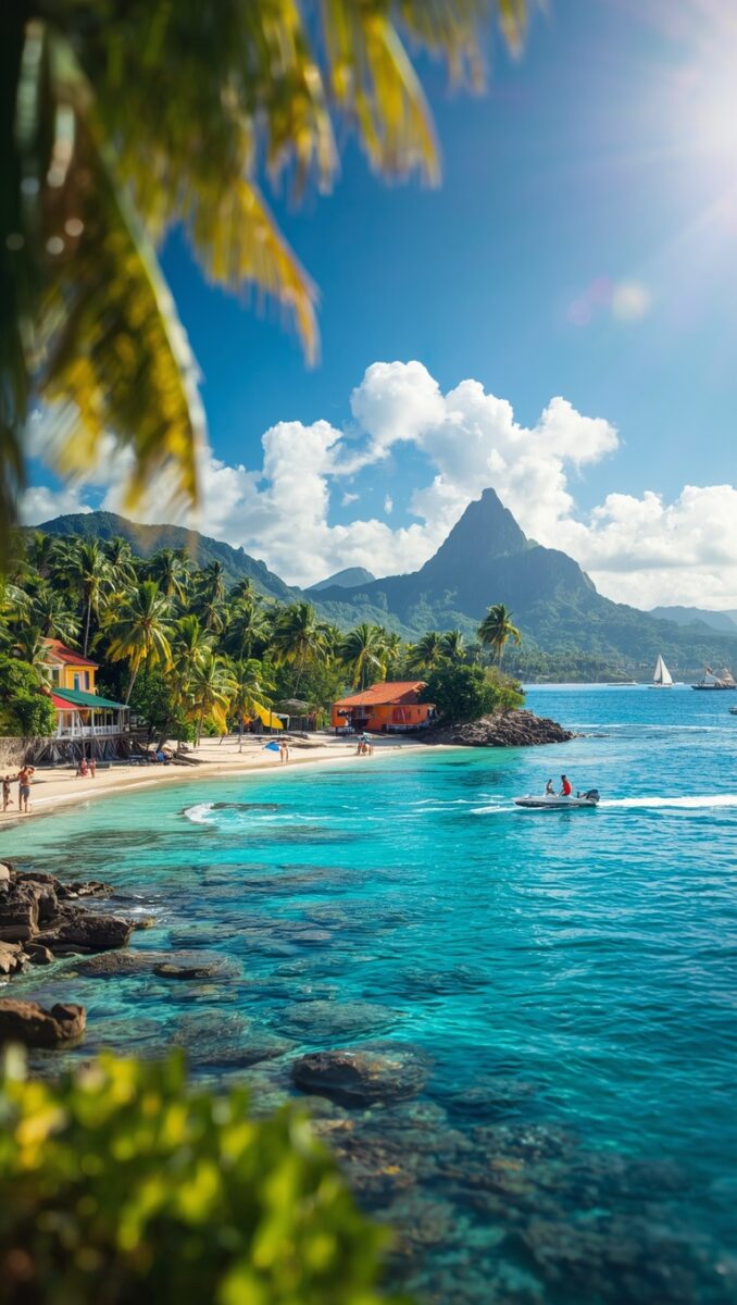Tropical beach with turquoise water, palm trees, colorful buildings, a speedboat, and a volcanic mountain peak in background