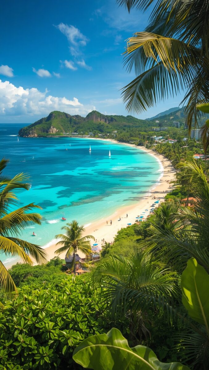 Panoramic view of a turquoise Caribbean bay with white sandy beach, sailboats, palm trees, and lush green hills
