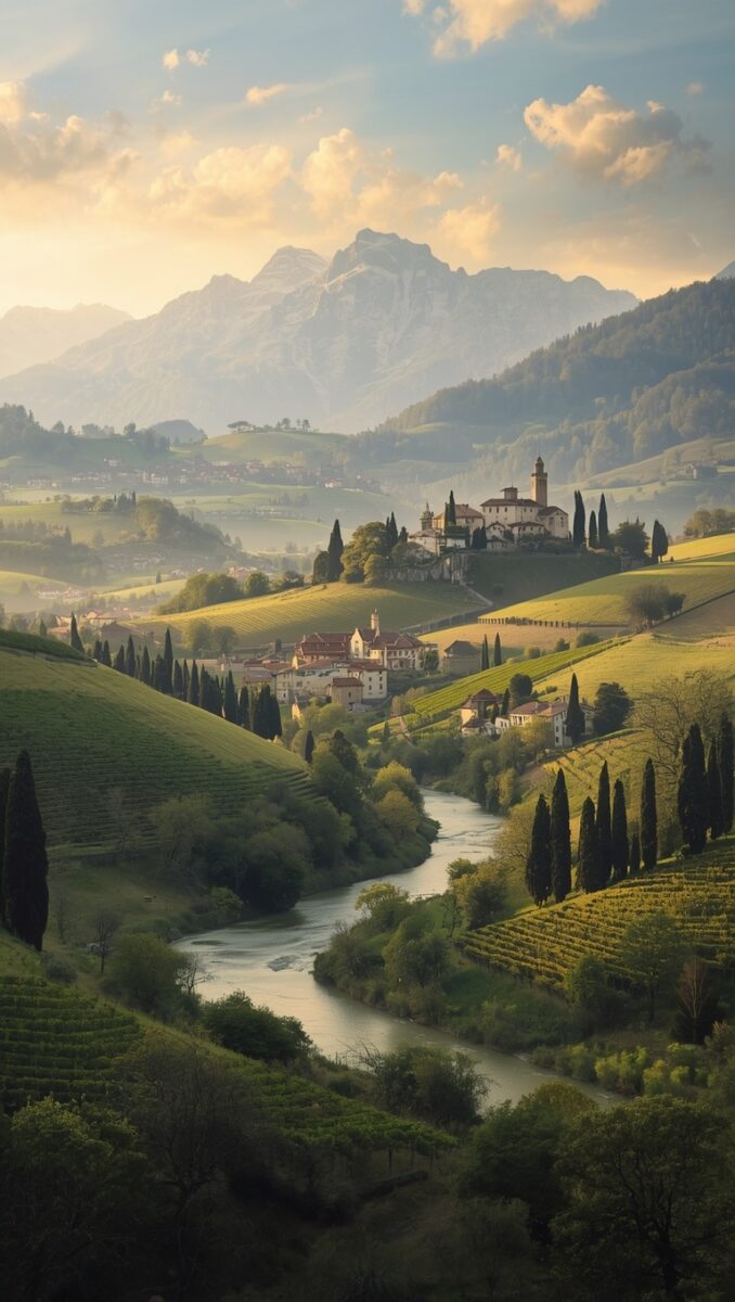 Rolling green hills with vineyards, cypress trees, river, hilltop village, and alpine mountains at golden hour