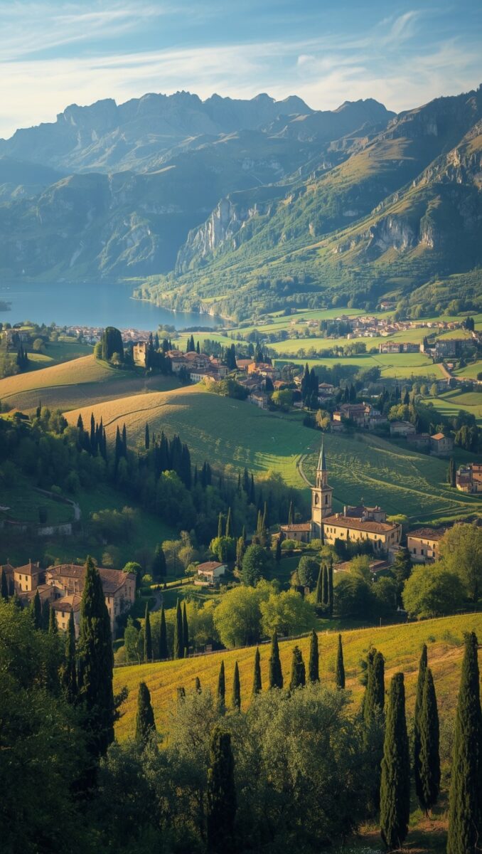 Scenic Italian valley with cypress trees, stone village, church steeple, green hills, alpine lake, and mountain backdrop