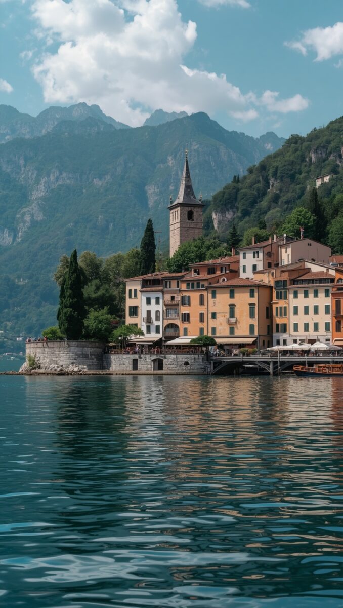 Colorful Italian lakeside village with church tower, terracotta-roofed buildings, and Alpine mountains reflected in calm blue lake waters