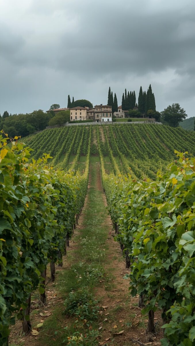Rows of lush green grapevines on a hillside vineyard leading to a hilltop Italian villa surrounded by cypress trees