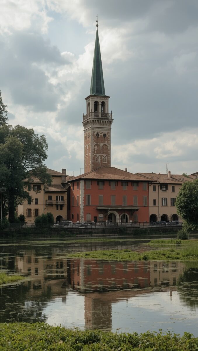 Historic Italian bell tower with green spire reflected in calm river, surrounded by terracotta buildings and trees