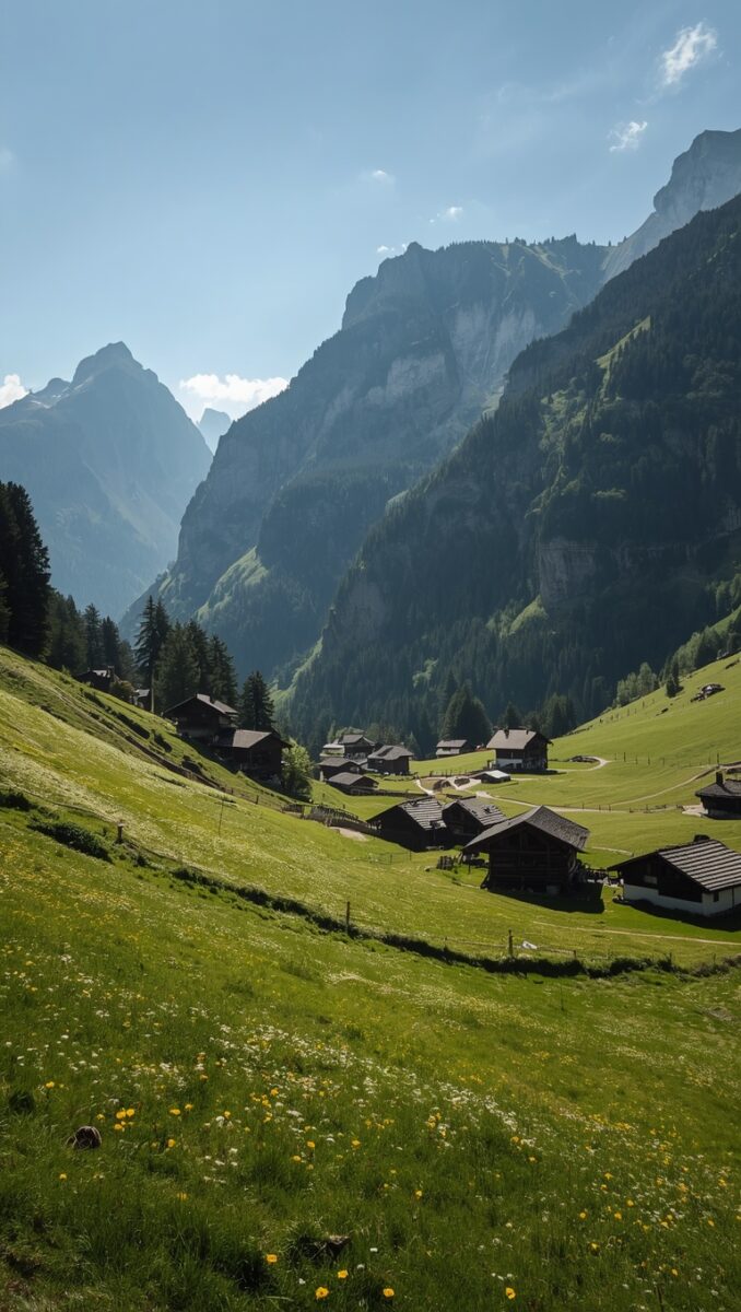 Traditional Alpine village with wooden chalets nestled in a lush green valley surrounded by dramatic mountain cliffs