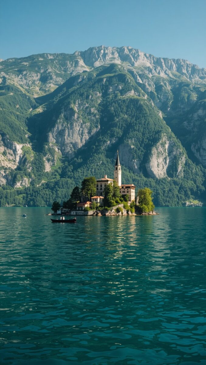 Small Italian island with church tower and historic buildings on turquoise alpine lake with dramatic mountain backdrop