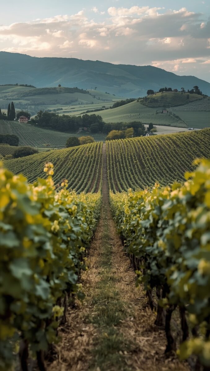 Rolling vineyard rows stretching toward green hills and mountains under a partly cloudy sky