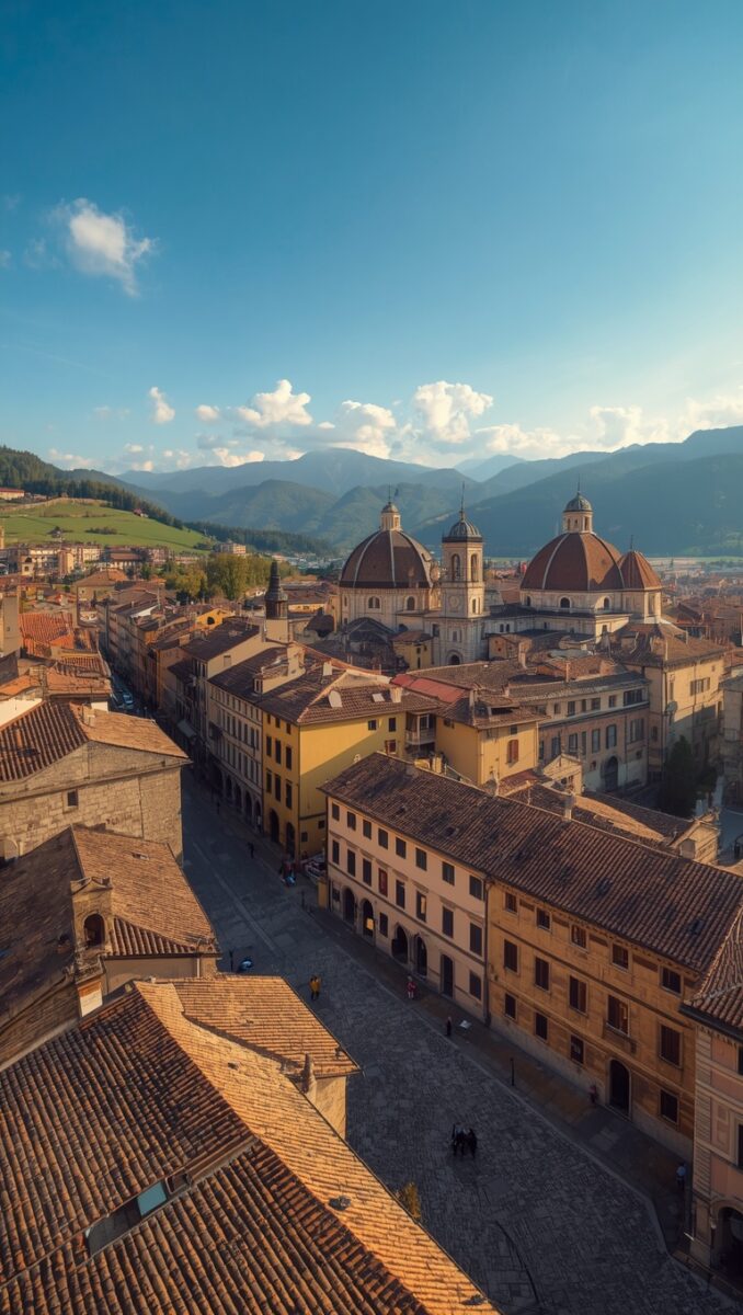 Aerial view of Italian hilltop town with terracotta rooftops, domed cathedral, cobblestone streets, and mountains