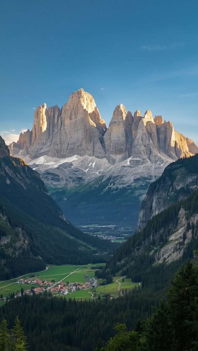 Dramatic Dolomite mountain peaks tower over a lush green alpine valley with small villages and dense evergreen forests in northern Italy