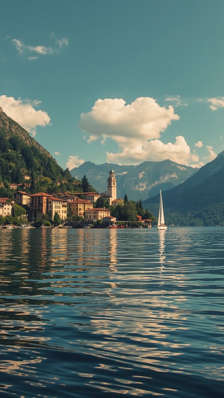 Scenic Lake Como Italy with sailboat, colorful lakeside village, bell tower, and Alpine mountains under blue sky