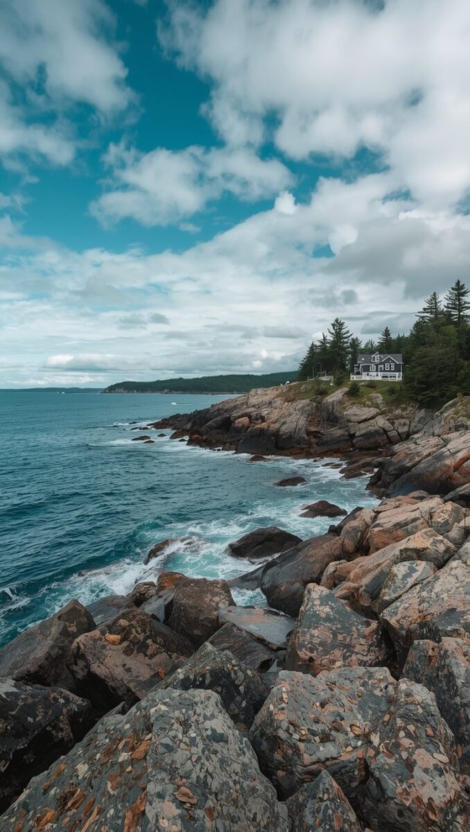 Rocky New England coastline with crashing waves, evergreen trees, and a house perched on a cliff under a cloudy sky