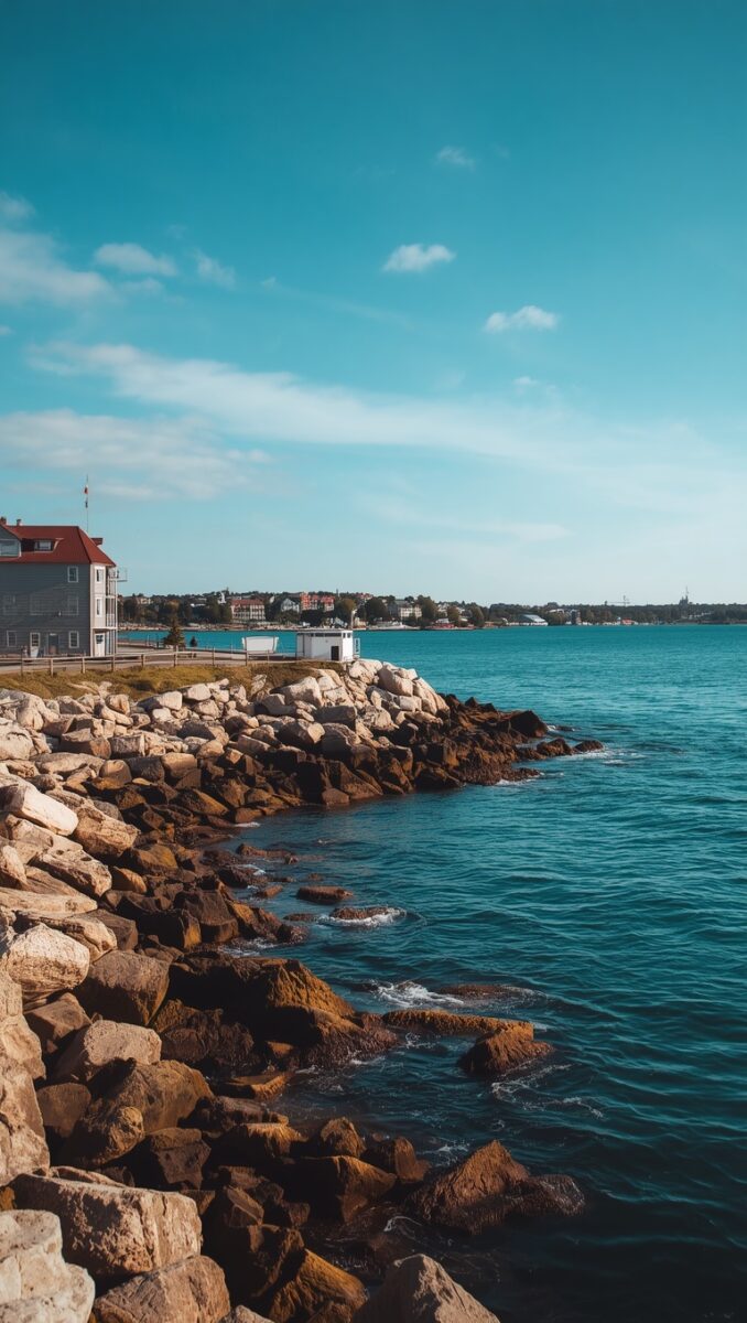 Rocky coastline with turquoise water, a gray building with red roof, and a small town visible across the bay