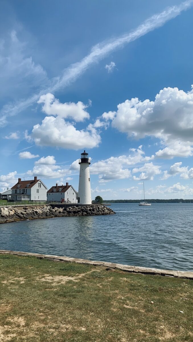 White lighthouse on rocky jetty with colonial buildings, calm blue water, and sailboat under partly cloudy sky