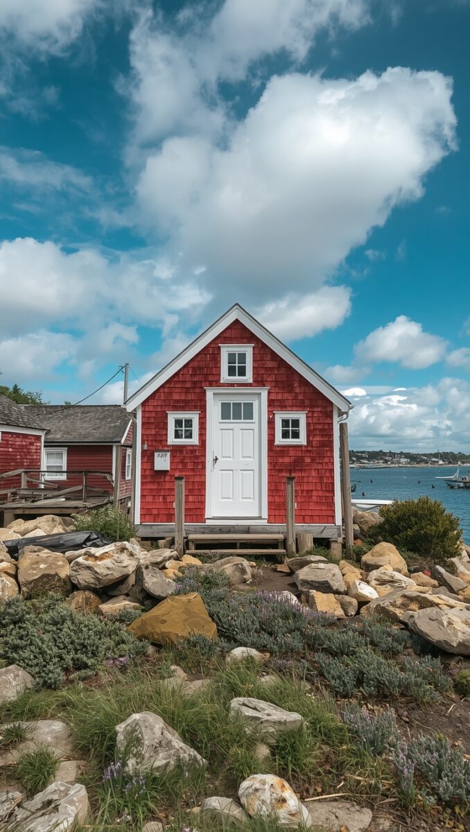 Small red cedar shingle coastal cottage with white door and trim, sitting on rocky New England shoreline with harbor in background