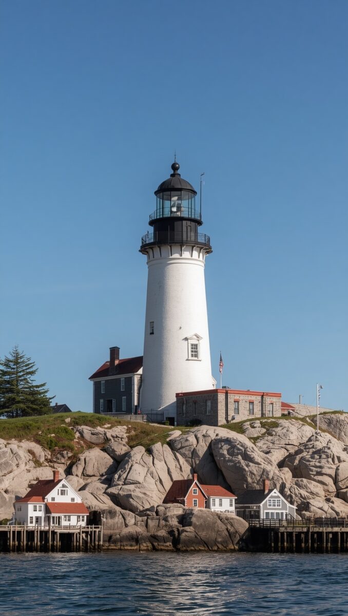 White cylindrical lighthouse with black lantern room on rocky New England island with keeper's quarters and dock