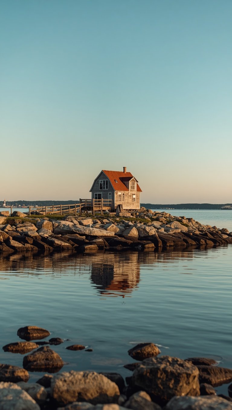 Rustic wooden cottage with red roof on rocky coastal islet reflected in calm water at golden hour