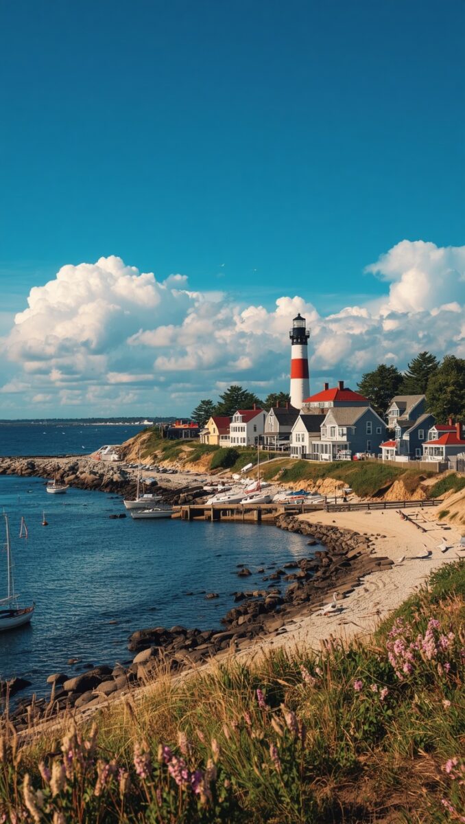Red and white striped lighthouse overlooking a rocky New England coastal village with sailboats and sandy beach
