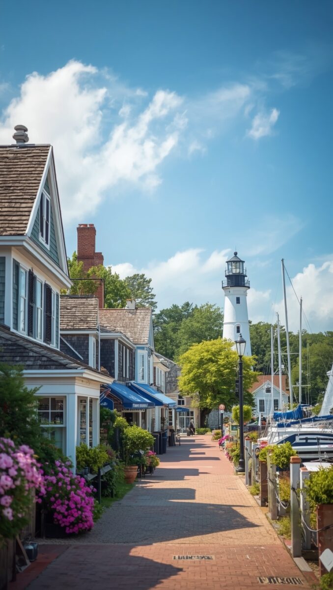 Charming New England coastal town with brick walkway, shops, sailboats, pink flowers, and white lighthouse under blue sky