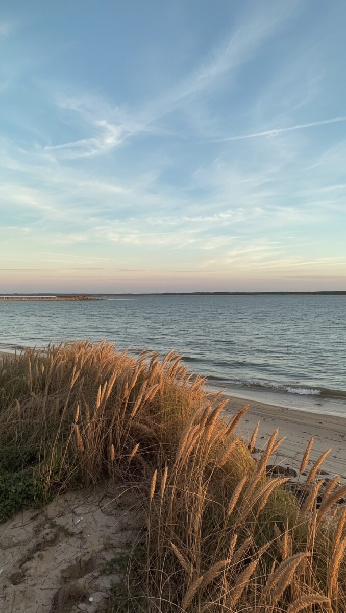 Golden beach grass on sandy dunes overlooking a calm bay with soft blue sky at sunset