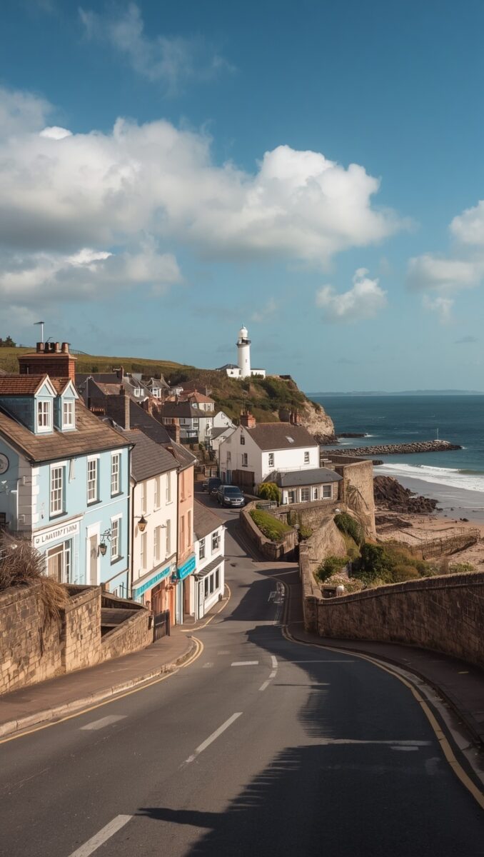 Charming British coastal town with colorful buildings, winding road, lighthouse on cliff, and sandy beach beyond