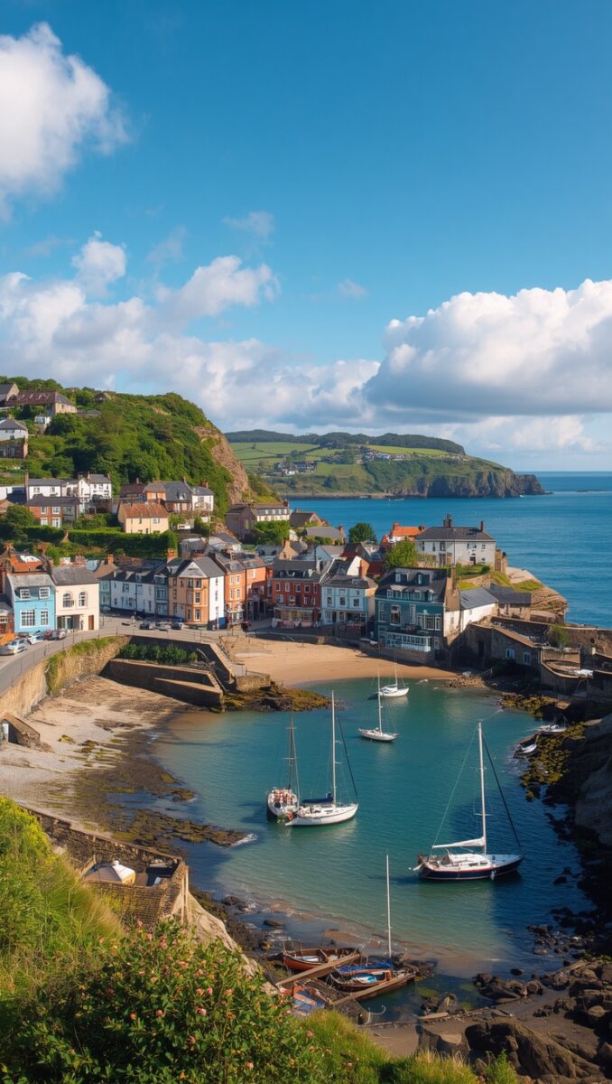 Picturesque British coastal harbour village with colourful buildings, sandy beach, and sailboats on turquoise water
