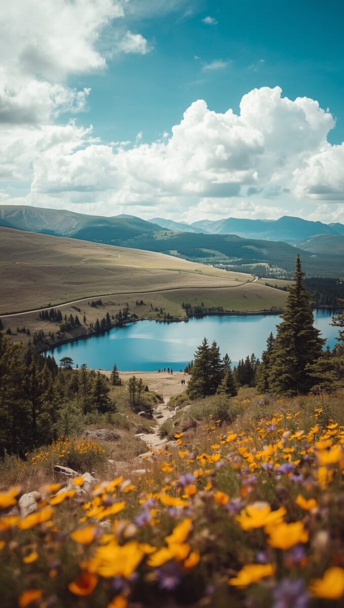 Panoramic mountain landscape with blue alpine lake, wildflowers, evergreen trees, rolling hills, and cloudy sky