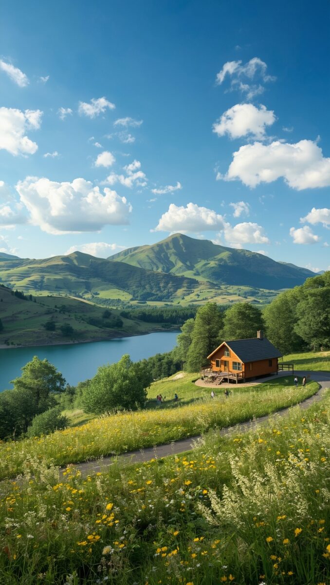 Wooden cabin on a hillside overlooking a blue lake, green mountains, and wildflower meadow under blue sky