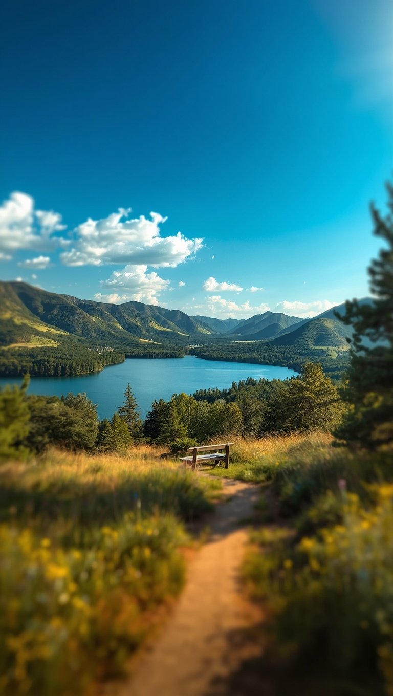 Scenic mountain lake viewpoint with wooden bench, pine trees, dirt trail, and blue sky with white clouds