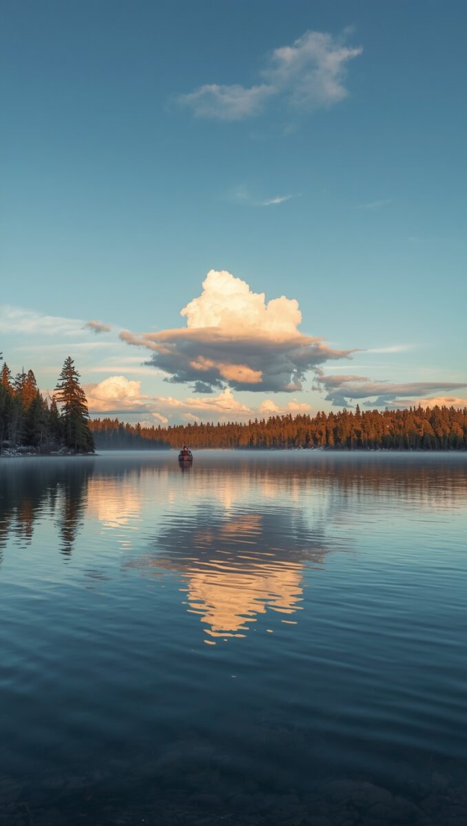 Calm lake at golden hour with a small boat, dense pine forest treeline, and dramatic cumulus cloud reflected in still water