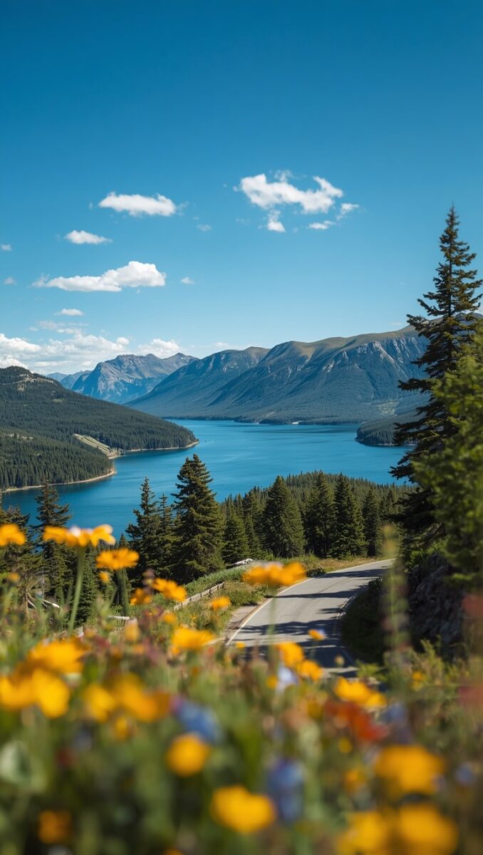 Scenic mountain lake vista with yellow wildflowers, evergreen trees, winding road, and blue sky in Canadian Rockies