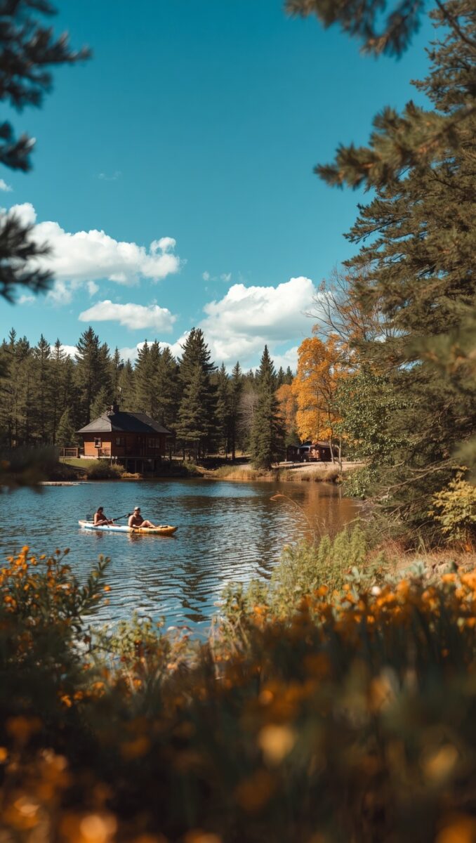 Two kayakers paddling on a calm lake surrounded by pine trees and autumn foliage with a log cabin in background