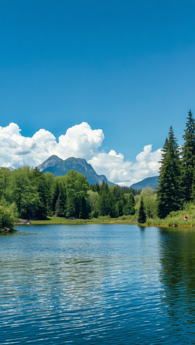 Calm blue lake reflecting green pine trees and mountains under a bright blue sky with white clouds