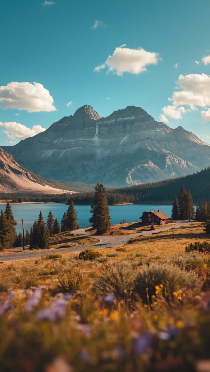 Turquoise mountain lake with rustic cabin, evergreen trees, wildflowers, and dramatic rocky peaks under blue sky