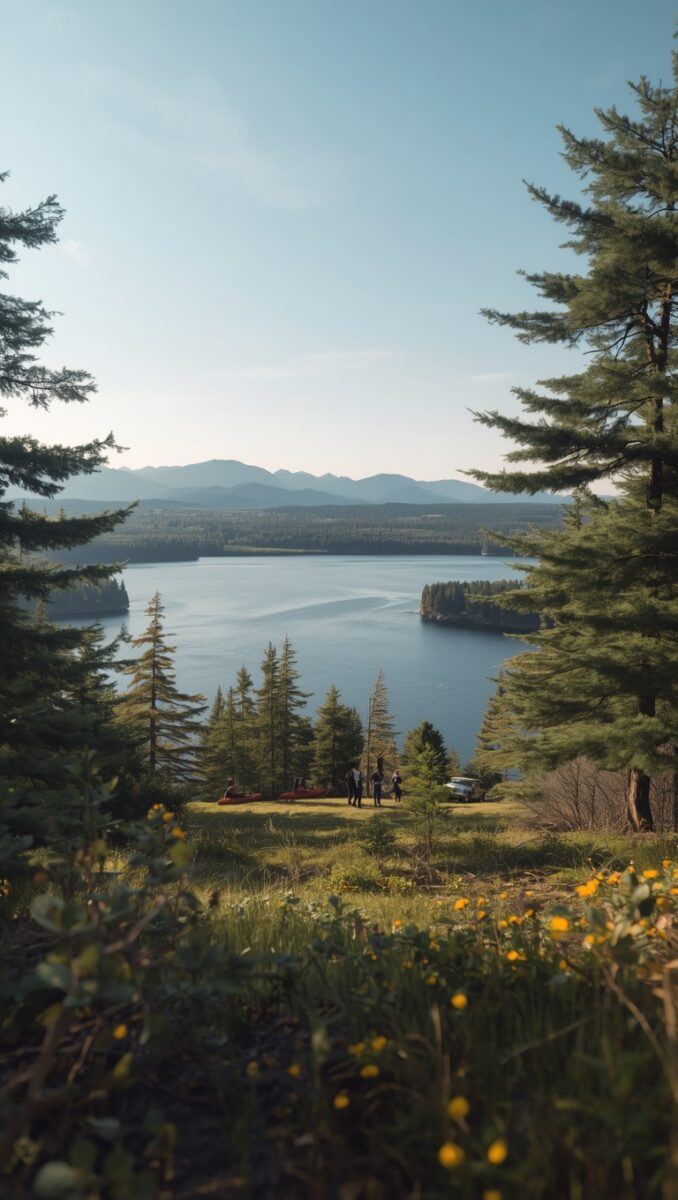 Scenic overlook of a blue mountain lake surrounded by pine forests with people and kayaks on the shoreline