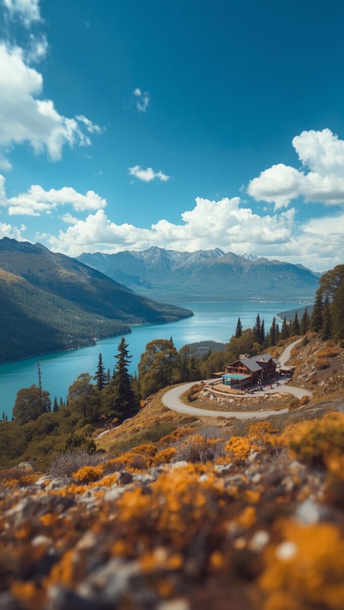 Aerial view of turquoise mountain lake with winding road, rustic lodge, pine forests, and snow-capped peaks under blue sky