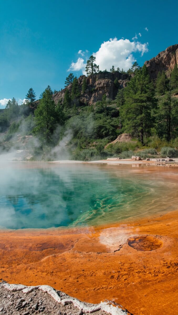 Steaming geothermal hot spring with vivid turquoise water surrounded by bright orange mineral deposits, pine trees, and rocky cliffs