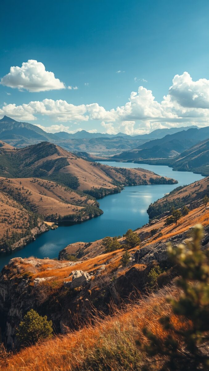 Aerial view of a winding blue lake surrounded by golden hills, pine trees, and mountain ranges under a partly cloudy sky