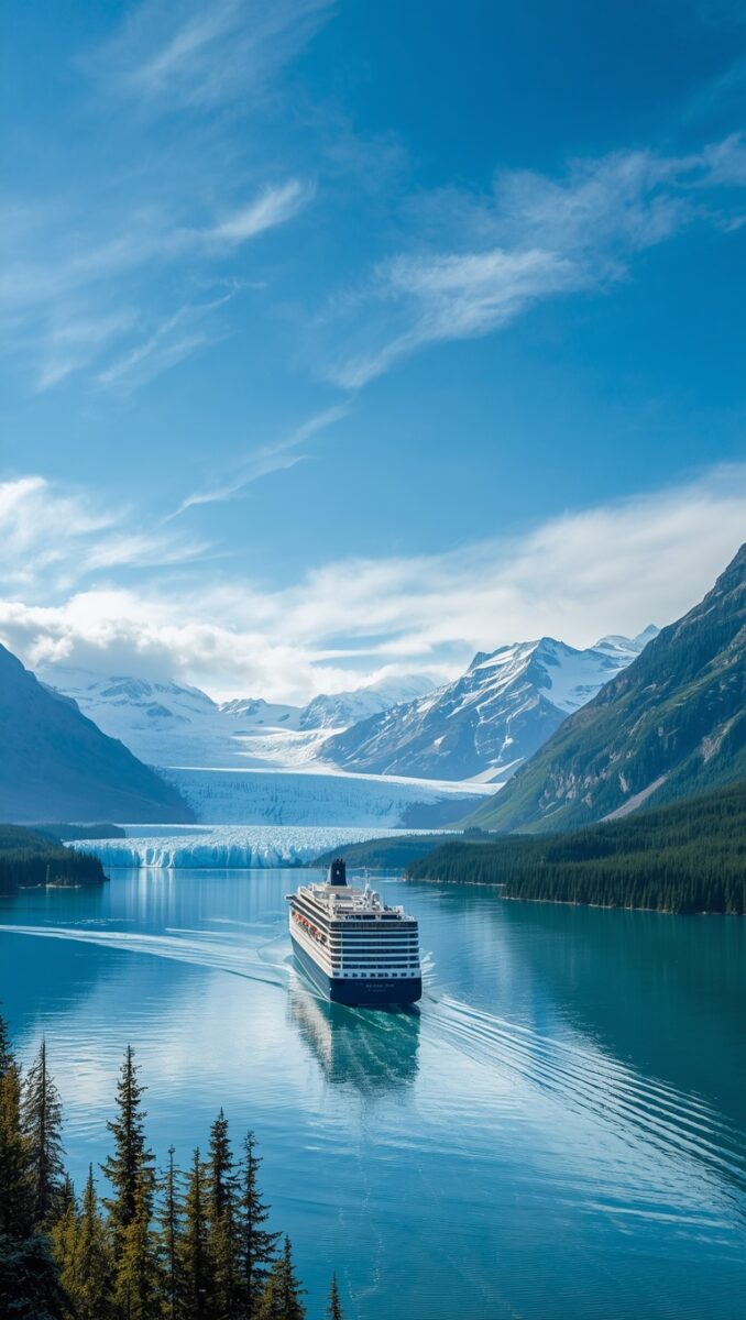 Cruise ship sailing through calm blue Alaskan fjord with massive glacier and snow-capped mountains in background