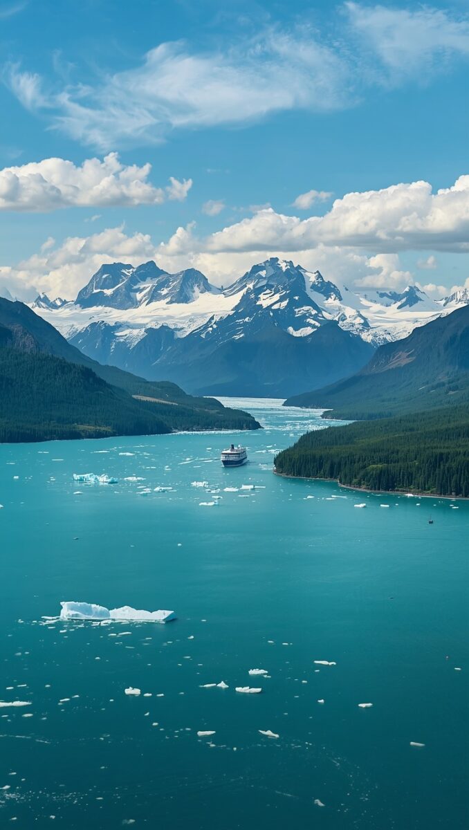 Aerial view of turquoise glacial fjord with cruise ship, floating icebergs, evergreen forests, and snow-capped mountains in Alaska