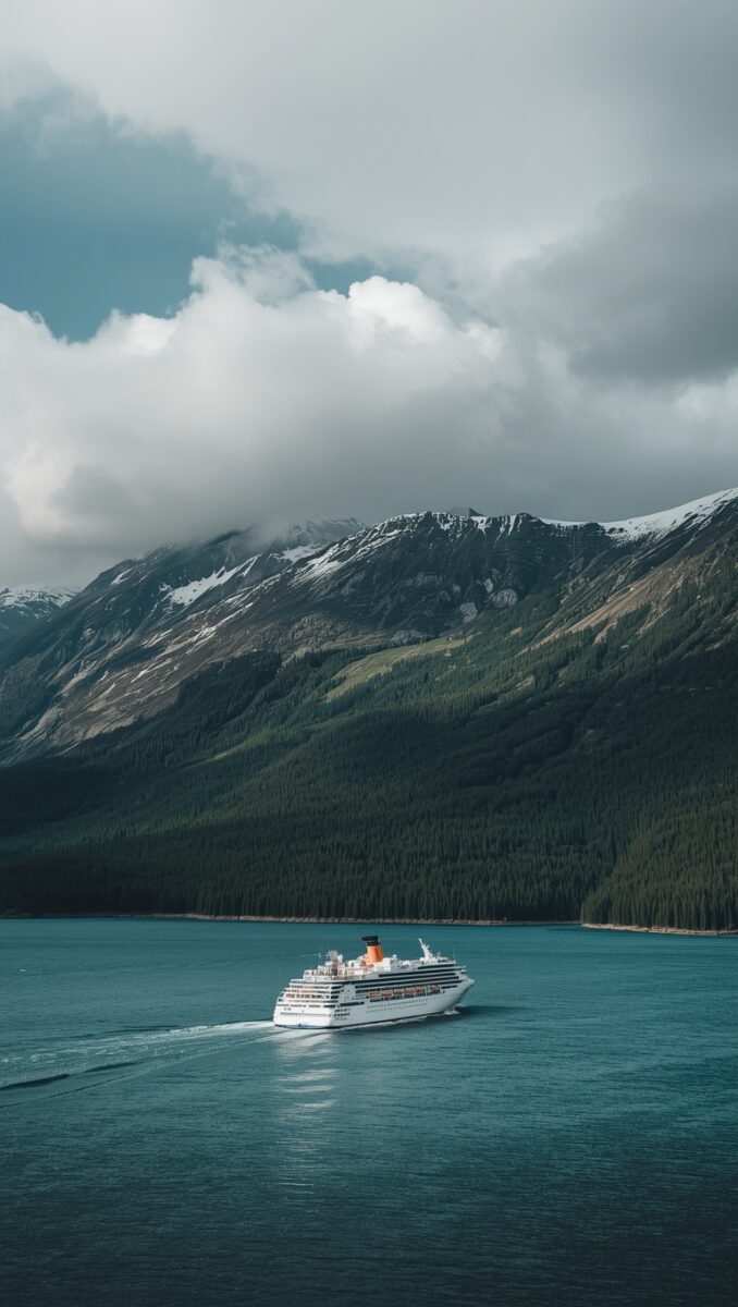 White cruise ship sailing on turquoise waters with snow-capped mountains and dense evergreen forest in background