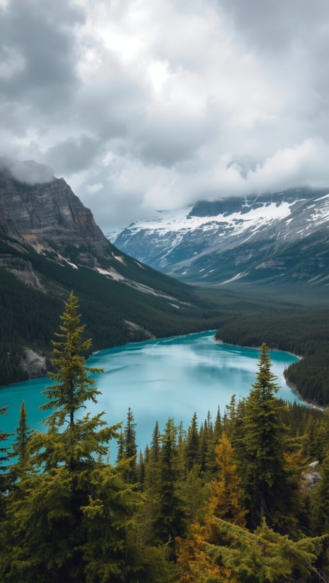 Turquoise glacial lake surrounded by evergreen forest and snow-capped Rocky Mountains under cloudy skies