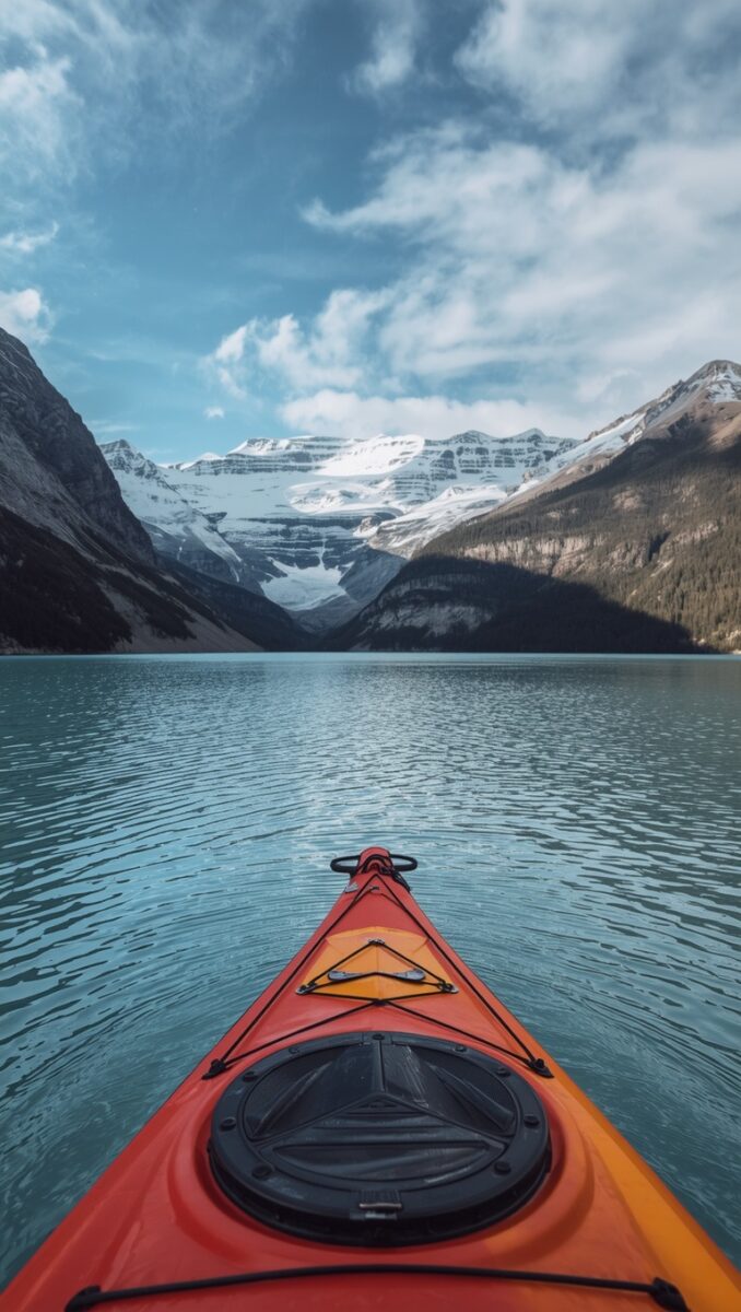 Red and orange kayak bow on calm turquoise glacial lake with snow-capped mountains in background