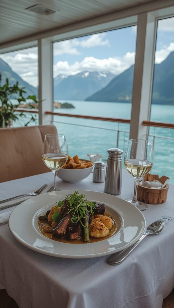 Fine dining plate with braised meat, gnocchi, and microgreens beside white wine glasses on a cruise ship with fjord views