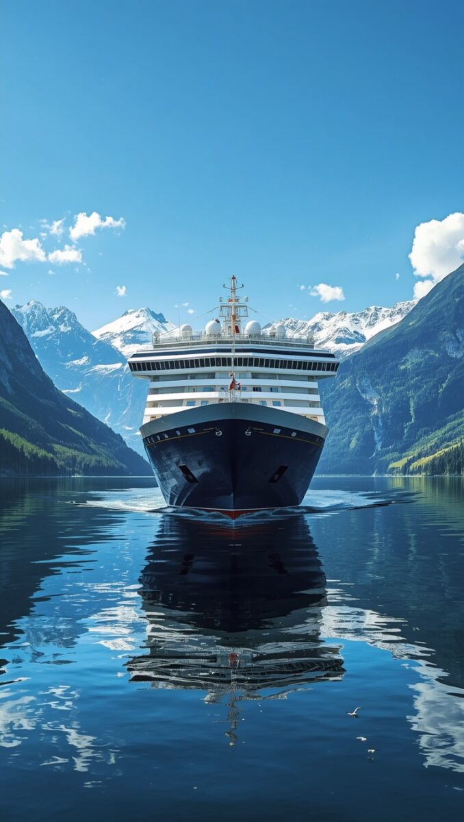 Large cruise ship sailing through a calm fjord surrounded by snow-capped mountains under a clear blue sky