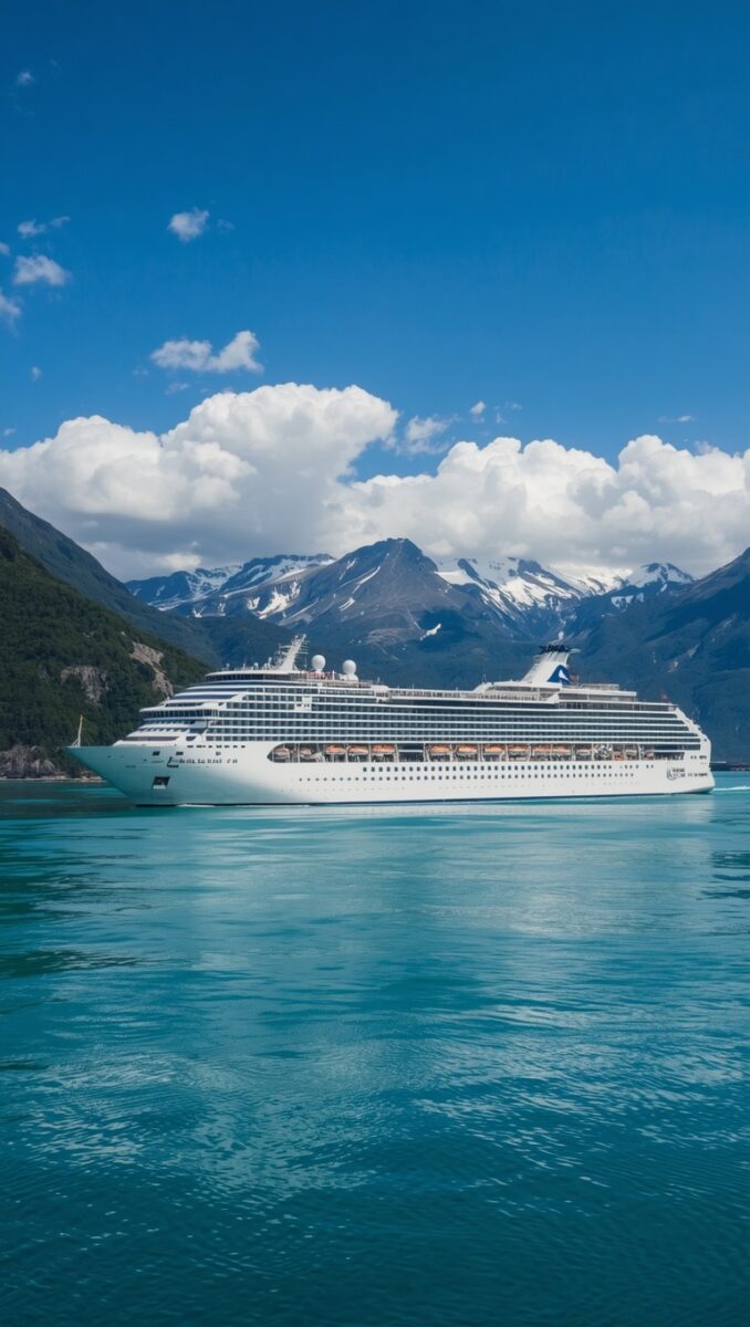 Large white cruise ship sailing on turquoise waters with snow-capped mountains and blue sky in background