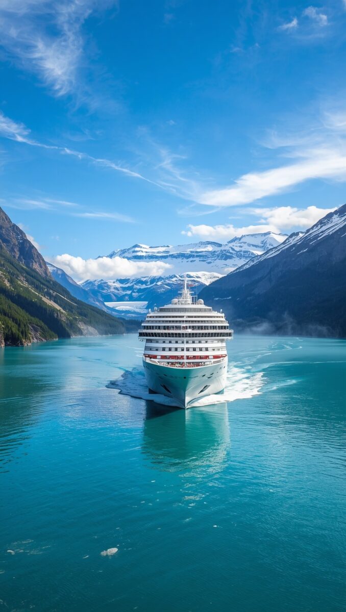 Large cruise ship sailing through turquoise fjord waters surrounded by snow-capped mountains and evergreen forests