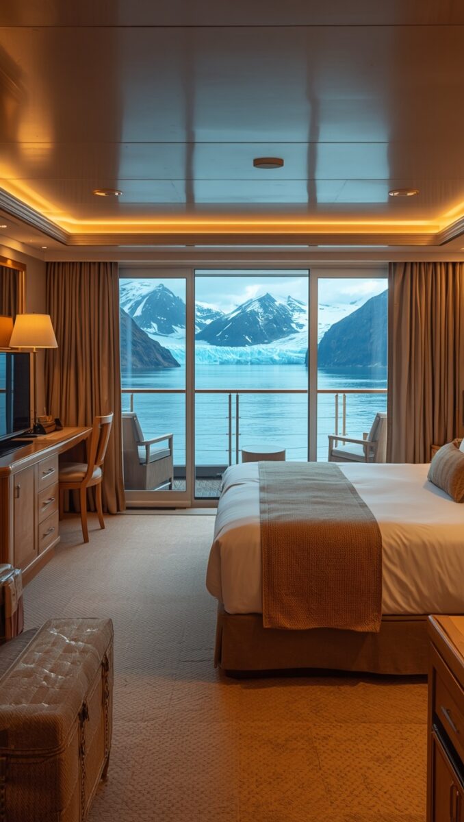 Luxury cruise ship balcony cabin with king bed and panoramic view of glacier and snow-capped mountains