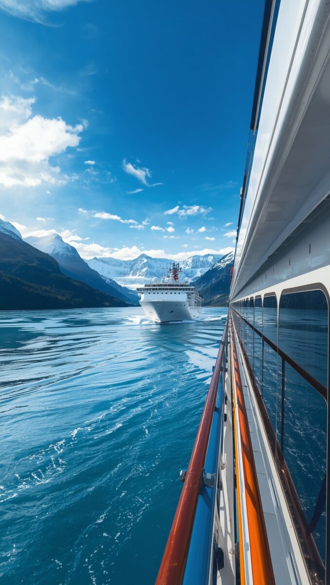 View from cruise ship deck railing with second white cruise ship sailing through glacier fjord surrounded by snow-capped mountains