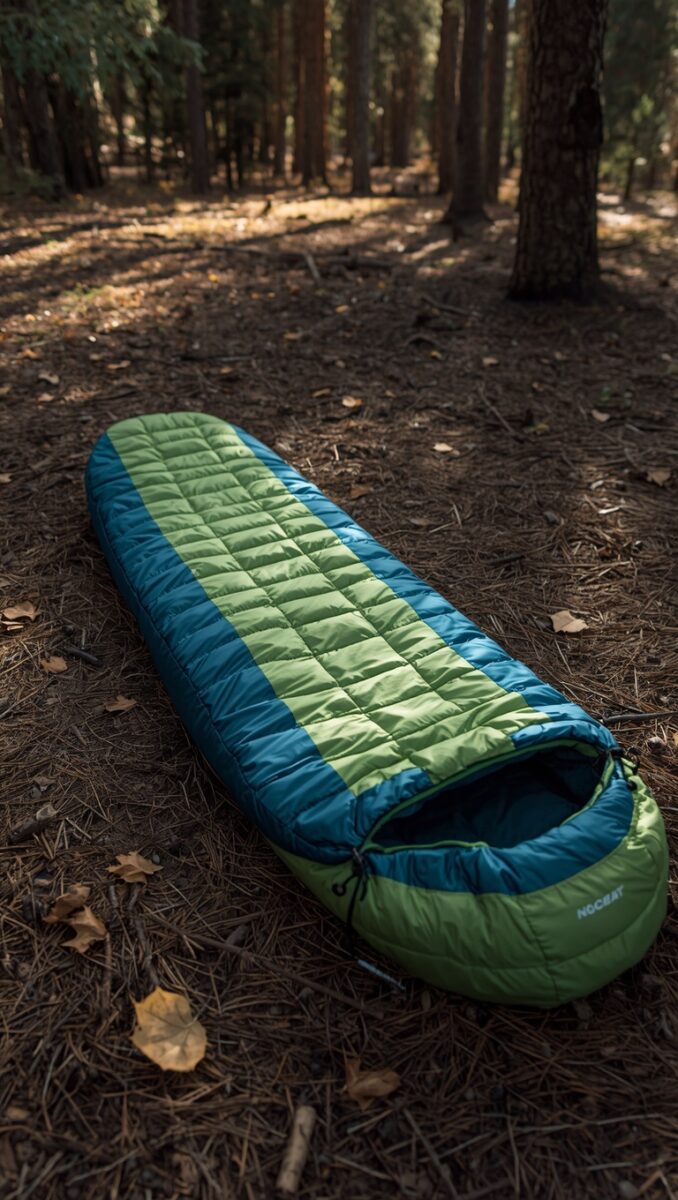 Green and teal mummy sleeping bag laid on forest floor covered with pine needles and leaves