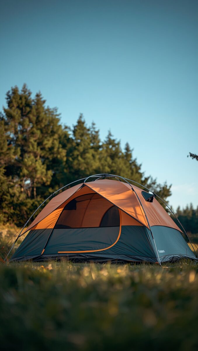 Orange and gray dome camping tent set up on grass with tall evergreen trees and clear blue sky