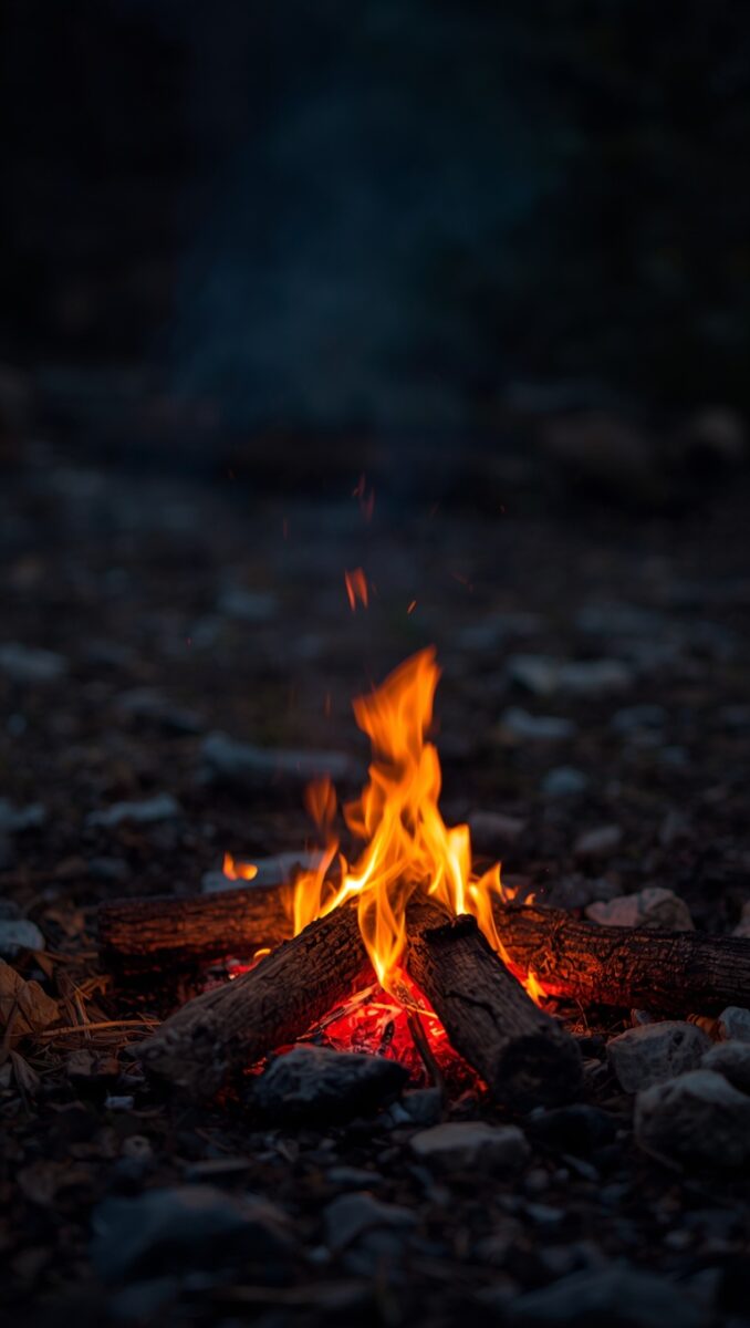 Small campfire with orange and red flames burning on dark rocky ground at night